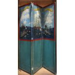 Folk art painted three panel screen, having a nautical theme, 68"h x 58.5"w