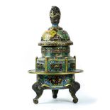 Chinese cloisonne enameled censer, the domed lid with a dragon finial, the vessel with a tiered body