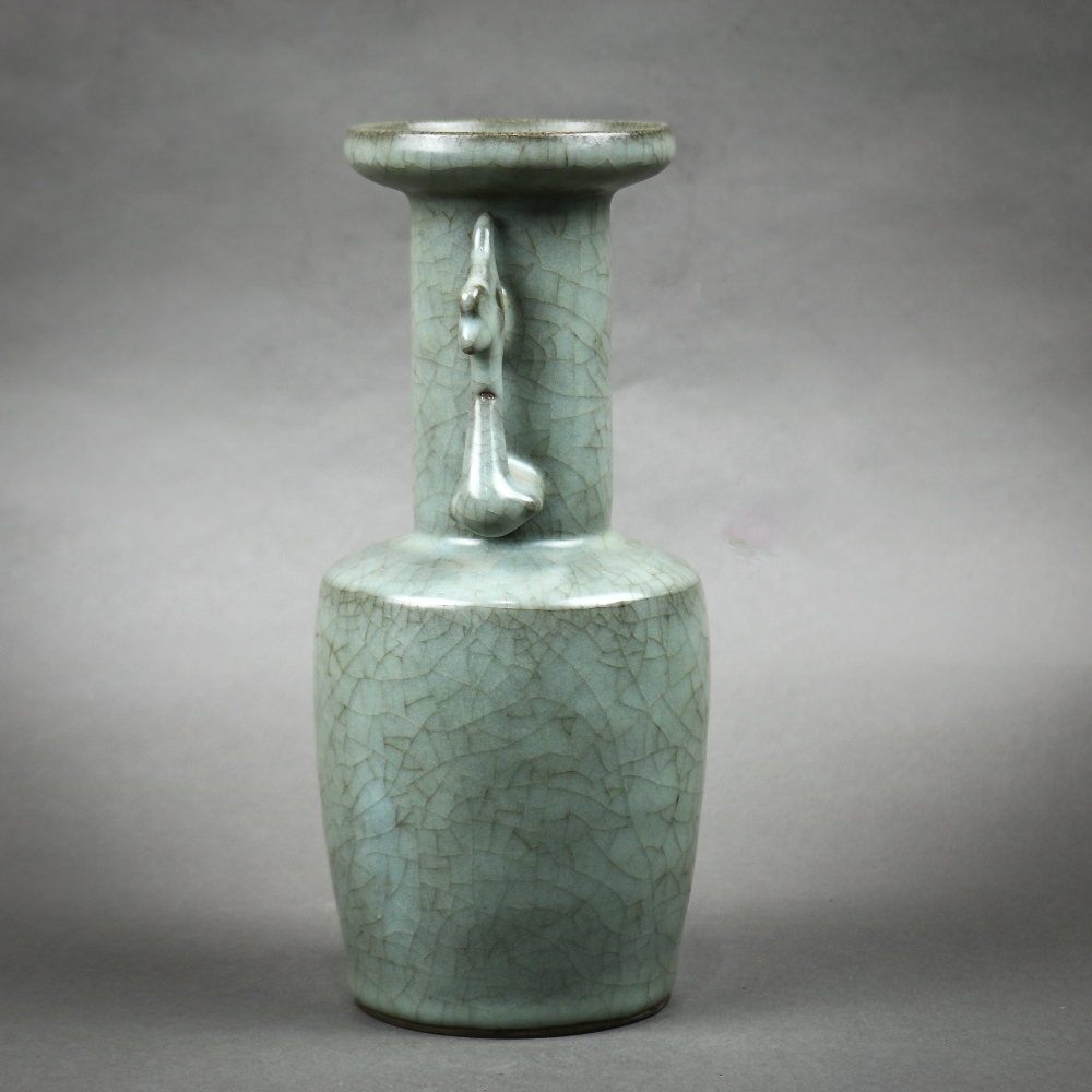 Chinese Guan type ceramic vase, with a dish rim and cylindrical body flanked by stylized handles, - Image 2 of 5