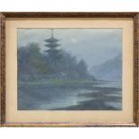 S. Tosuke (Japanese, active 1910-1930), "Pagoda at Moonlight" watercolor, lower left with the