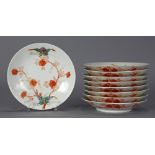 (lot of 9) Chinese enameled porcelain plates, of a pair of butterflies amid vines of melons, base