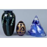 (lot of 3) Assorted glass table top group, consisting of a Moser blown art glass conical form