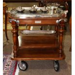 Large English silver plate serving trolley cart, having a domed top, opening to a fitted interior,