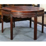 Pair of Chinese wooden demi lune tables, with inset floating top panels framed in a plain edge,