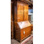 English George I drop front secretary, early 18th century, having burl fronts with marquetry detail,