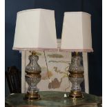Pair of Hollywood Regency style glass lamps, each with brass mounts, 33"h
