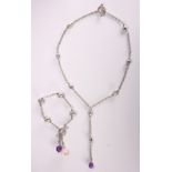 (Lot of 2) Amethyst, rose quartz and silver jewelry Including 1) lavaliere style necklace, featuring