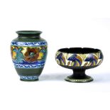 (lot of 2) Gouda pottery group, both items marked on underside in blue glaze, consisting of a vase