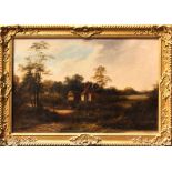 European School (19th century), Farm Scene with Figures, oil on canvas, signed indistinctly lower