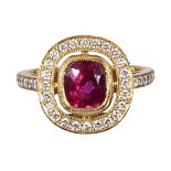 Ruby, diamond and 18k yellow gold ring Centering (1) cushion-cut ruby, weighing approximately 1.75