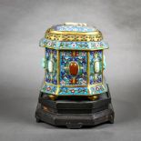 Chinese cloisonne box, of flattened hexagonal form decorated with lotus tendrils, the walls inset