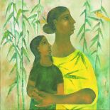 Haku Shah (Indian, b. 1934), Untitled (Mother and Child), oil on canvas, signed lower right, canvas: