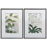( lot of 2) Japanese woodblock prints, depicting flowers: one sealed [Akiharu} at lower left: the