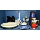 One bin of ceramic and porcelain table articles, consisting of a Rookwood centerpiece bowl,