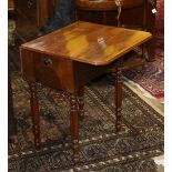 Federal mahogany drop leaf work table, the two door case rising on turned supports, 26.5"h x 21"w