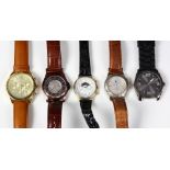 (Lot of 5) Metal wristwatches Including 1) Michael Kors metal calendar, leather wristwatch; 1) black