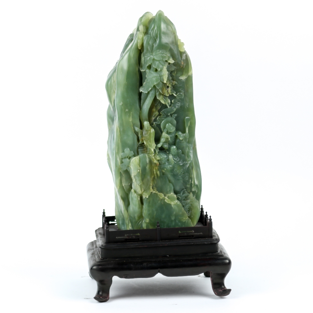 Chinese soapstone carving, the seagreen matrix featuring Budai and luohan in the mountain, with wood - Image 3 of 5