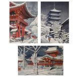(lot of 3) Asano Takeji (Japanese, 1900-1999), "Snow in Kamigamo Shrine, Kyoto", "Snow in Iwashimizu