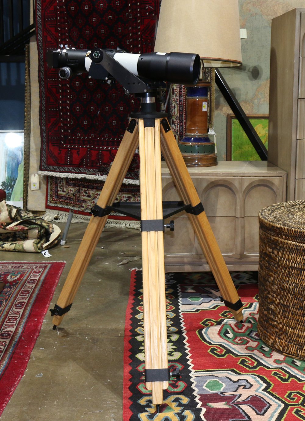 Tele Vue-85 telescope, rising on a wood tripod, 45.5"h