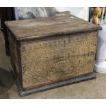 Southeast Asian wooden sutra storage chest, with a separate panel top, the trunk relief carved