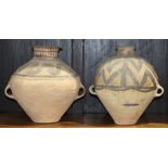 (lot of 2) Chinese Neolithic style ceramic jars, one decorated with 'shou' medallions alternated