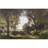 French Barbizon School (19th century), Wooded Clearing with Cattle and Stream, oil on canvas,