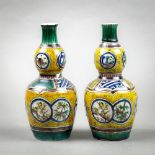(lot of 2) Japanese pair of Kutani sake tokkuri bottle, of double gourd-form with various seasonal