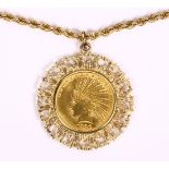 US gold coin and 14k yellow gold pendant-necklace Featuring (1) US $10 Indian gold eagle, gold coin,
