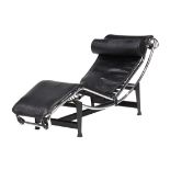 Le Corbusier style chaise lounge, originally designed in 1928, having black upholstery resting on