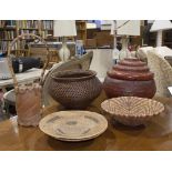 (lot of 6) Decorative basket group, consisting of a (4) woven baskets, largest 8"h x 12.5"dia., a