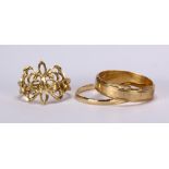 (Lot of 3) Yellow gold rings Including 1) 4.7 mm, 14k yellow gold band, size 8.25; 1) 1.9 mm, 10k