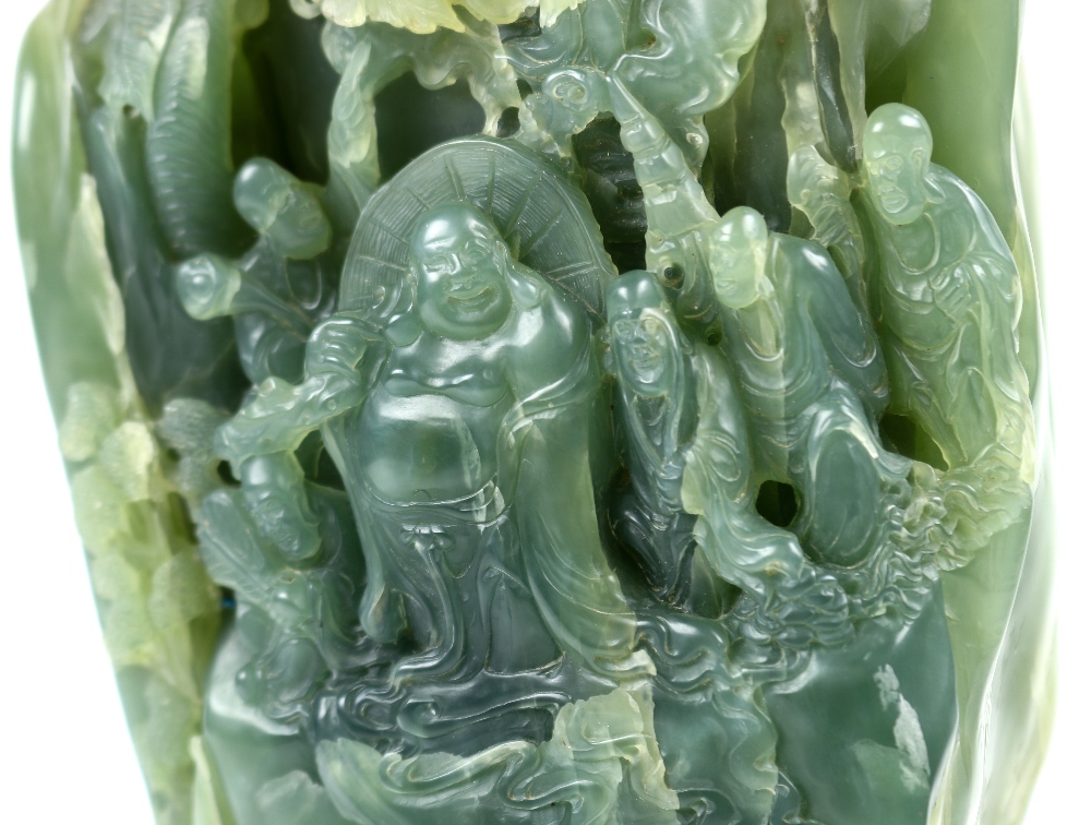 Chinese soapstone carving, the seagreen matrix featuring Budai and luohan in the mountain, with wood - Image 5 of 5