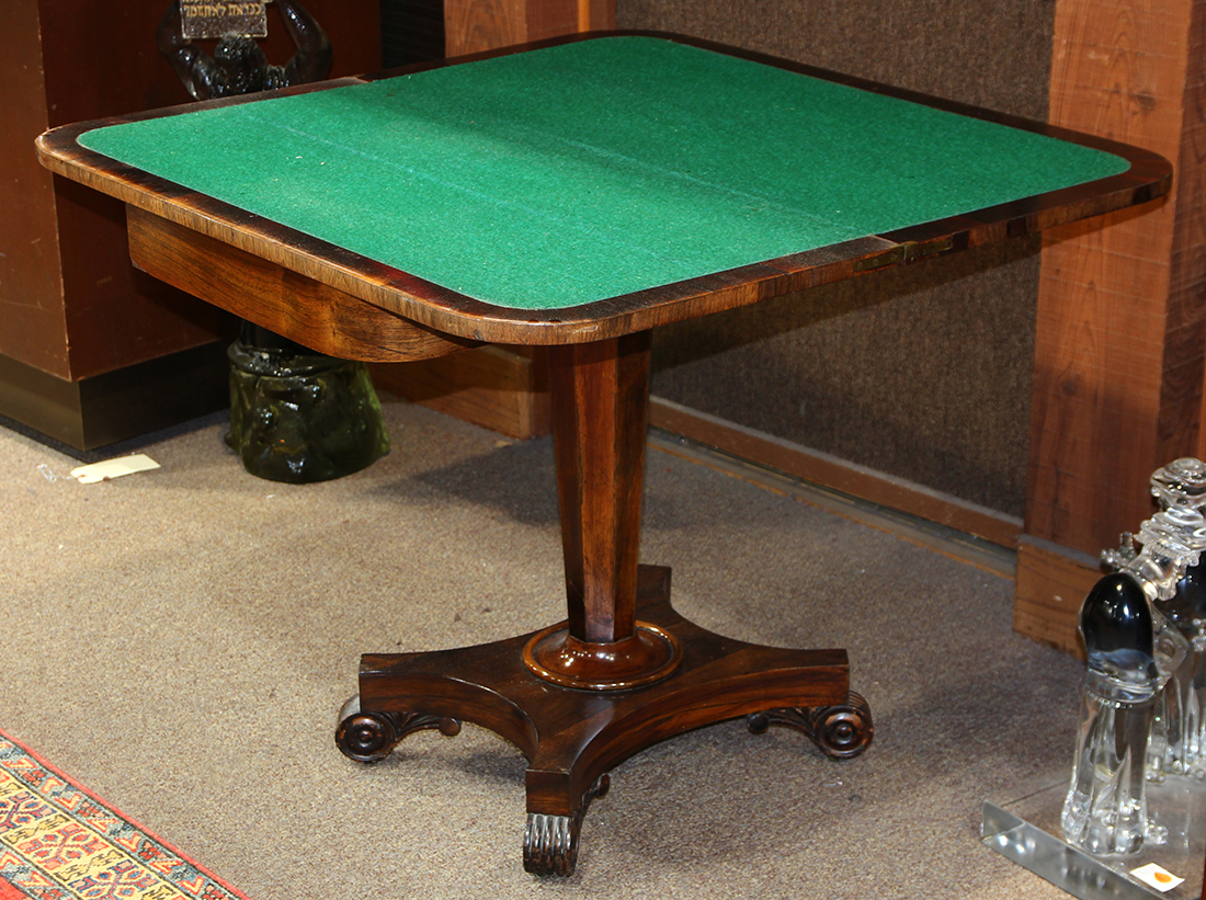 Regency games table, having a highly figured rosewood flip top above the faceted standard and rising - Image 2 of 4