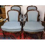 (lot of 4) Louis XV style fauteuil group, each having sky blue upholstery, with a gilt foliate crest