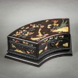 Chinese overlay hardwood fan-shaped box, the lid with a pair of long tail-pheasants below