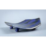 Studio pottery slabbed platter circa 1990, having a striped blue and black glaze over the footed