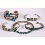 (Lot of 5) Imitation turquoise, glass, sterling silver and silver bracelets Including 1) imitation