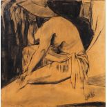 David Landis (American, 1918–1983), Untitled (Seated Figure with Hat), circa 1960s, charcoal on