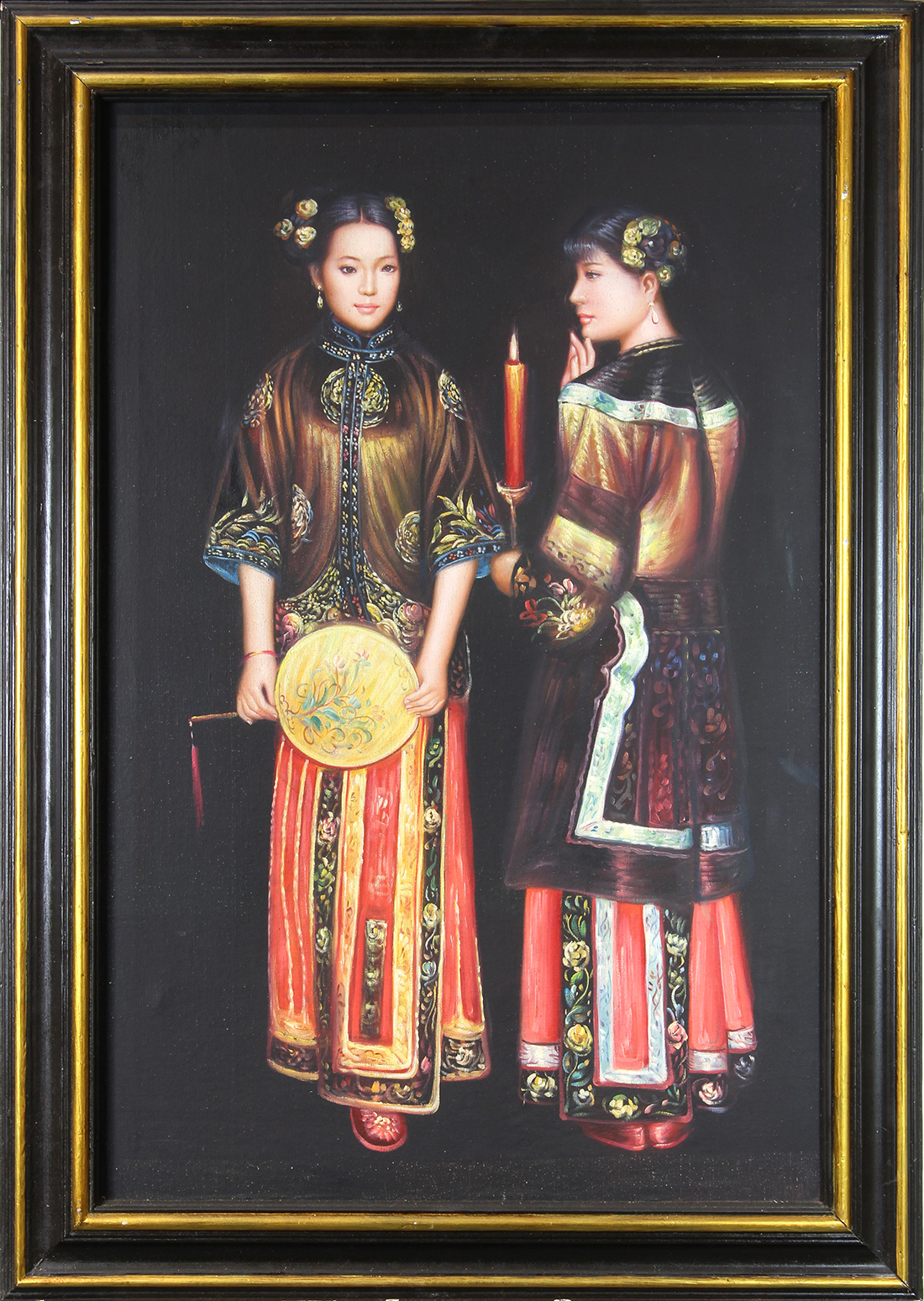 Chinese School (20th century), Two Ladies, oil on canvas, unsigned, overall (with frame): 42.5"h x - Image 2 of 3