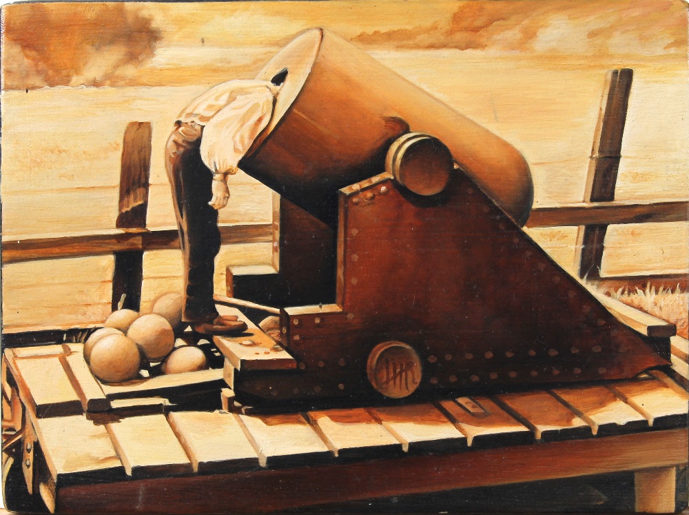 Lee Roswell (American, Contemporary), "This Thing Work? + Learn From Mistakes" 2006, oil on panel,