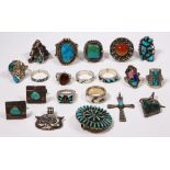 (Lot of 19) Multi-stone, sterling silver, silver and metal jewelry Including 1) pair of turquoise,