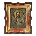 Russian oklad icon, having a gilt metal oklad over the wood panel depicting Christ Pantocrator, 8.