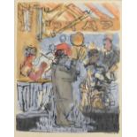 Fikret Mualla (French/Turkish, 1903-1967), Cafe Scene with Figures, mixed media on paper, signed