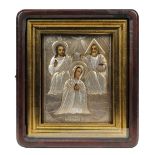 Russian .84 silver gilt oklad icon, Moscow, circa 1887, depicting the Holy Trinity, 7"h x 5"w,