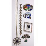 (Lot of 7) Glass, enamel, sterling silver, silver and metal jewelry Including 1) 13 mm, sterling