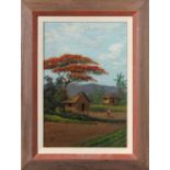 Rural Scene with Figure, oil on board, unsigned, 20th century, overall (with frame): 21"h x 16"w