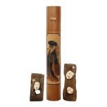 (lot of 3) Japanese carving, "Wisteria Maiden" on bamboo, by Eizan, lower right signed and sealed;