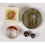 (Lot of 5) Cultured pearl, jade, sunstone and fuchsite items Including 1) carved jadeite saddle