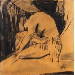 David Landis (American, 1918–1983), Untitled (Seated Figure with Hat), circa 1960s, charcoal on