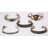 (Lot of 5) Native American turquoise, imitation turquoise, synthetic opal, sterling silver and